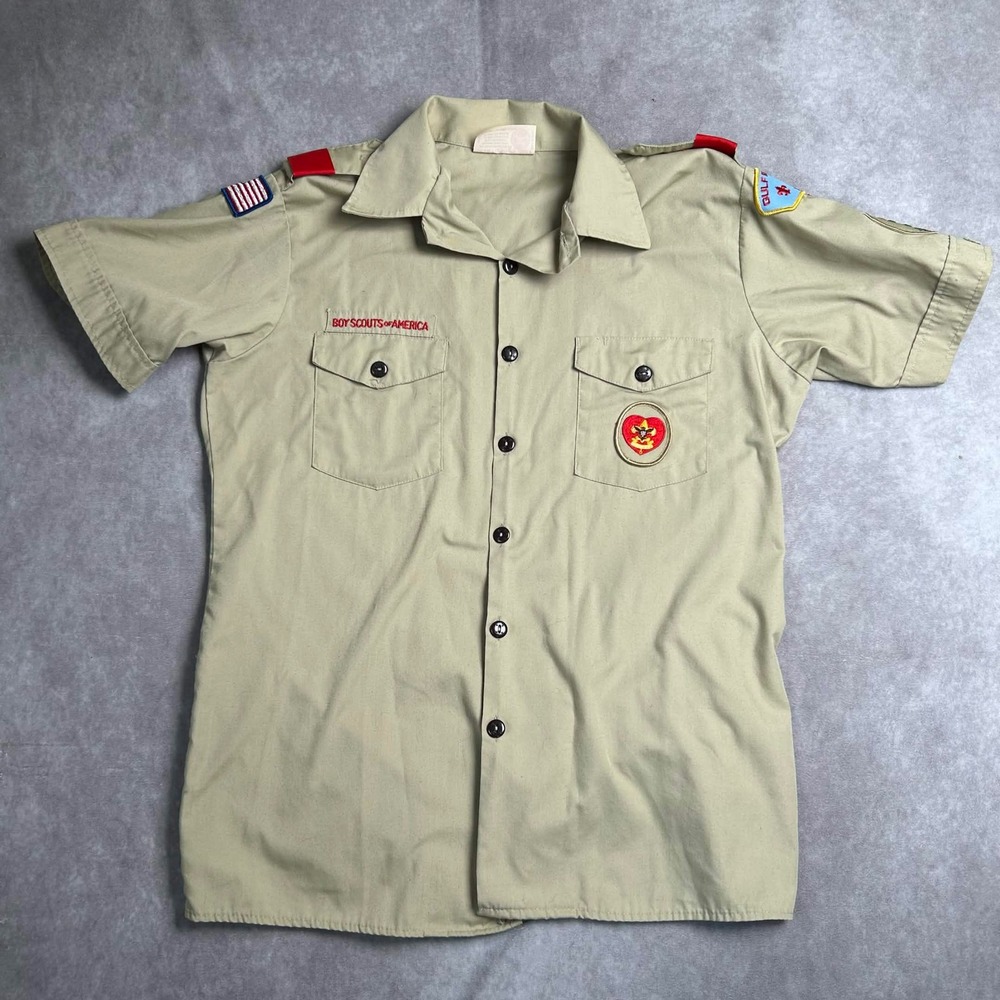 Boy Scouts of America Uniform Shirt Mens Large Khaki Short Sleeve Patches